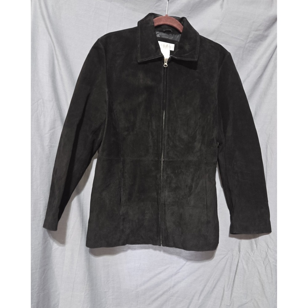 Women's Size L Black Genuine Suede Leather Coat Jacket Zip-Up Lined Pockets